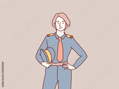 Young woman hold hand waist good mood pilot simple korean style illustration