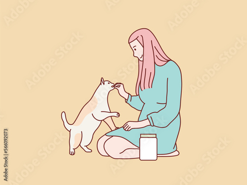 young woman kneeling on floor feeding to her cat korean simple style illustration