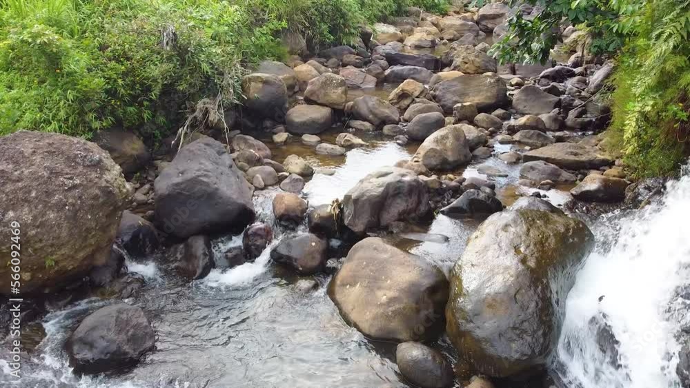 drone shot, flying over flowing water on rocks drone shot, flying over flowing water on rocks