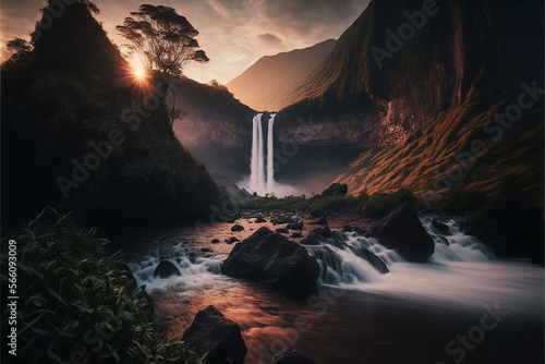 beautiful waterfall on sunrise with water flowing in the foreground mystical scenery