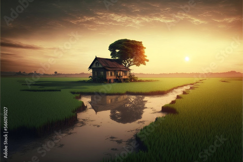 beautiful lonely house in the middle of a paddy field during sunrise © hendrik