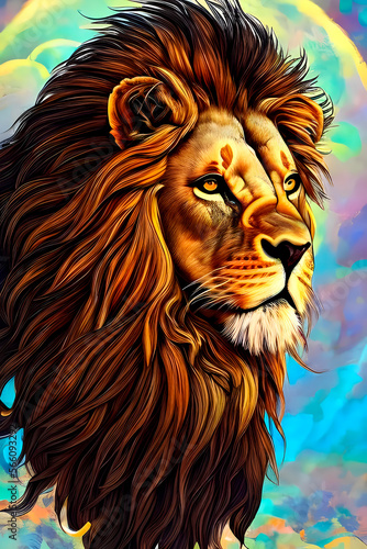 Generative AI  a painted lion with a chic mane  a portrait of a lion - the king of beasts.
