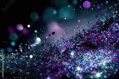 Dust particles macro shimmering glimmering cyan blue and purple. Generative AI.