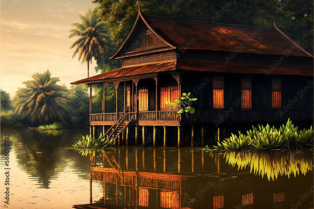 traditional indonesian house with calm water