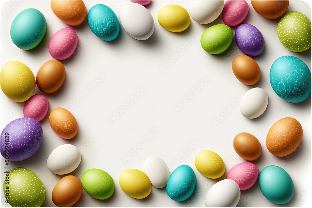 White background with easter eggs and space for writing. Generative AI White background with easter eggs and space for writing. Generative AI
