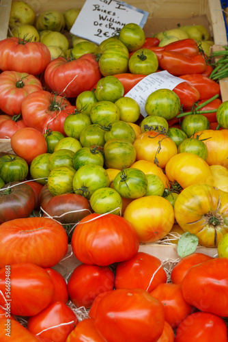 Variety of fresh tomatoes and an outdoor French market