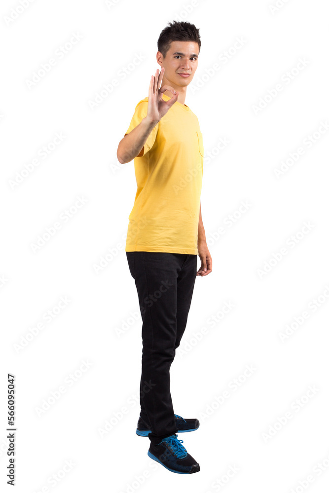 Full body Teenage boy portrait wearing casual t-shirt showing sign of ok Full body Teenage boy portrait wearing casual t-shirt showing sign of ok