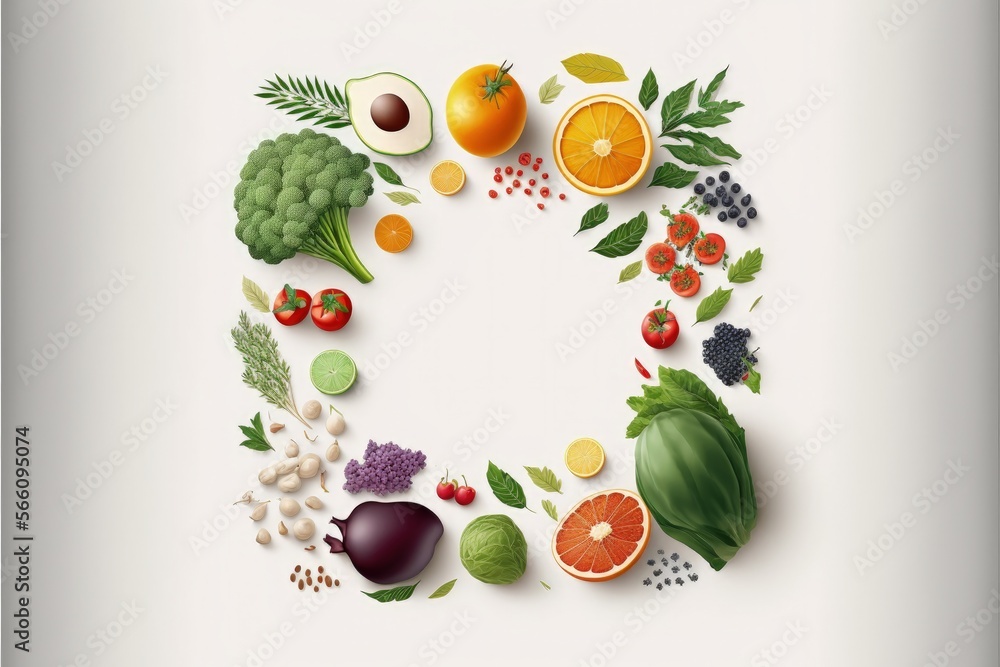 White background with fruits and vegetables, concept of diet and healthy eating. Generative AI White background with fruits and vegetables, concept of diet and healthy eating. Generative AI