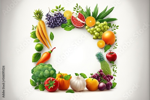 White background with fruits and vegetables, concept of diet and healthy eating. Generative AI