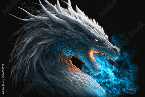 Silver dragon breathing blue fire on a black background. Mythological creature.