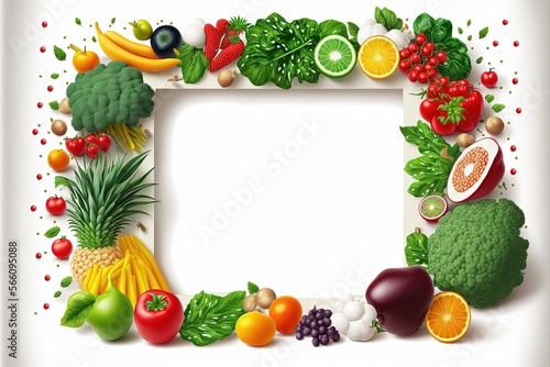 White background with fruits and vegetables, concept of diet and healthy eating. Generative AI © Deivison