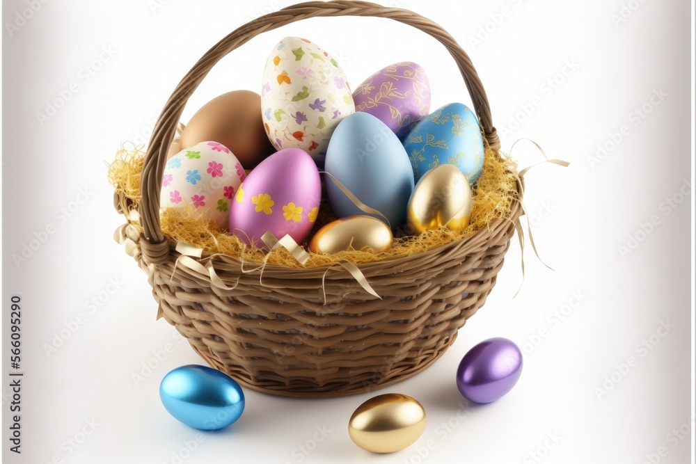 Illustration of basket full of easter eggs, white background. Generative AI