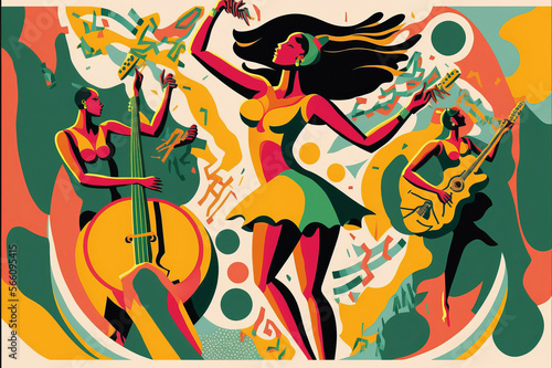 People dancing and playing instrument with abstract imagery of music making, and instruments and music-making, and joyful rhythm of artistic expression.