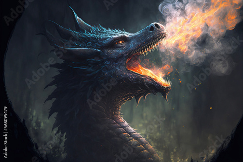 Black dragon breathing golden fire and smoke on a black background. Mythological Creature. © Mike Schiano