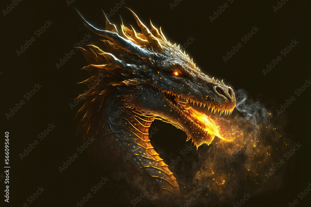 Gold dragon breathing gold fire on a black background. Mythological