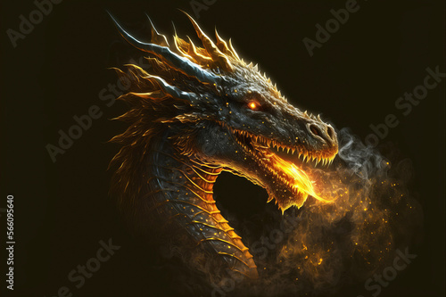 Gold dragon breathing gold fire on a black background. Mythological Creature.