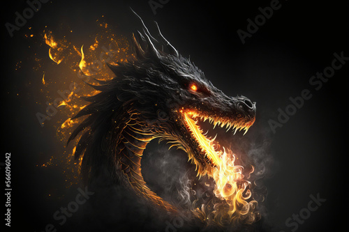 Black dragon breathing golden fire and smoke on a black background. Mythological Creature.