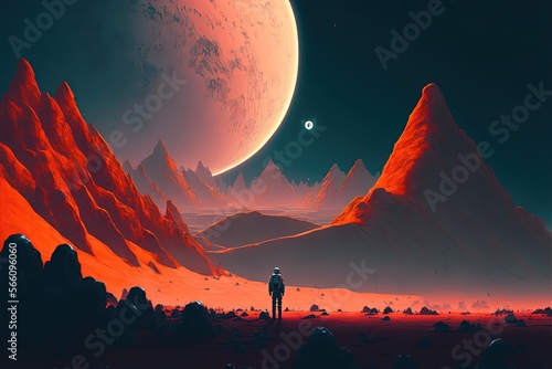 Desert landscape on the surface of another planet with mountains and giant moon in space. Generative AI