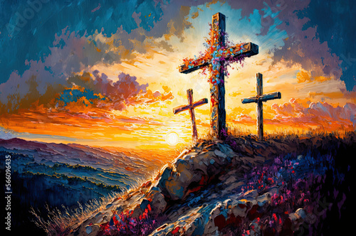 Print op canvas Three beautiful, flowery crosses on a hillside with a beautiful sunrise in the background