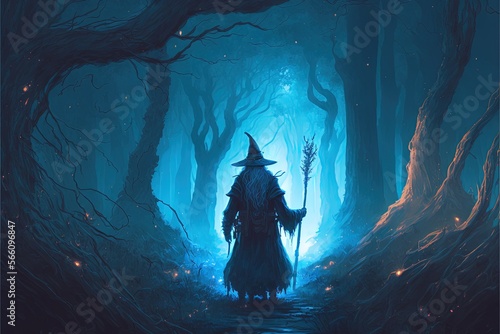 Illustration of a wizard from the back in the mystical forest. Generative AI photo