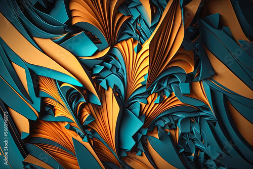 Abstract background wallpaper, 3D shapes, metallic blue azure and orange tones, generative AI © Pascal M