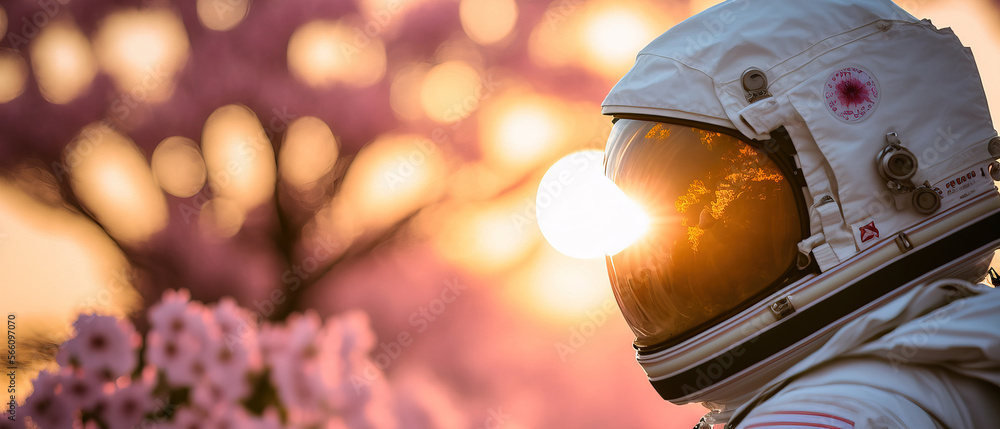 Astronaut with cherry floral on a background. Cherry blossom. Generative AI