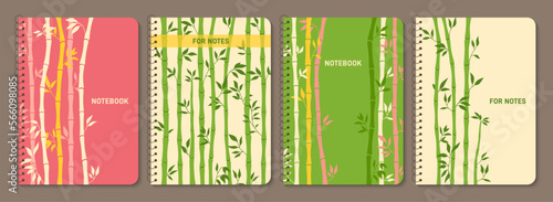 Bamboo stem trendy notebook cover set. Exotic fresh natural plant design for planner, brochure, book, catalog. Notepad with traditional Asian plants. Decorative layout page print template poster