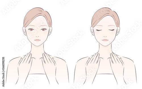 首のリンパをマッサージする女性のイラスト