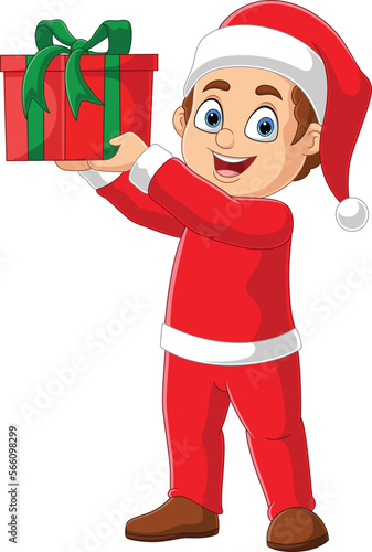 Cartoon little boy in red clothes holding a gift
