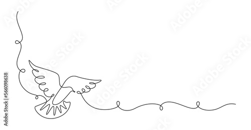 One continuous line drawing of flying dove. Bird symbol of peace and freedom in simple linear style. Romantic and love wedding concept. Editable stroke. Doodle vector illustration