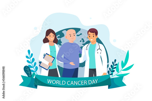 World cancer day. Health care and life insurance concept. Doctor and patient cancer. Vector illustration