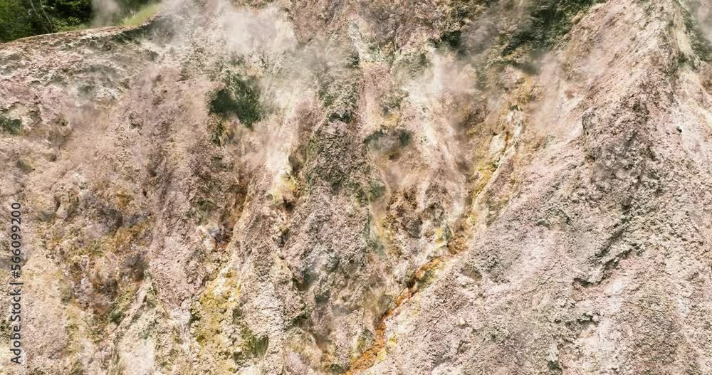 Aerial drone of active volcano with smoke and sulfur gases. Mag-Aso Volcanic Steam Spring. Negros, Philippines. Aerial drone of active volcano with smoke and sulfur gases. Mag-Aso Volcanic Steam Spring. Negros, Philippines.