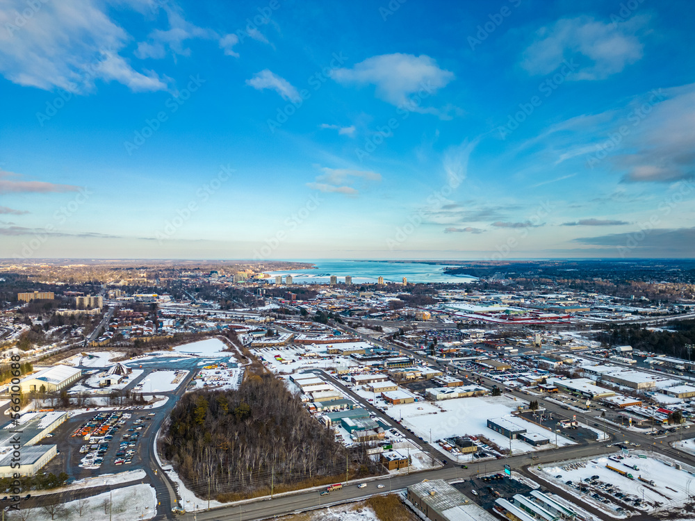 Down town drone view of barrie lake simcoe blue skies 