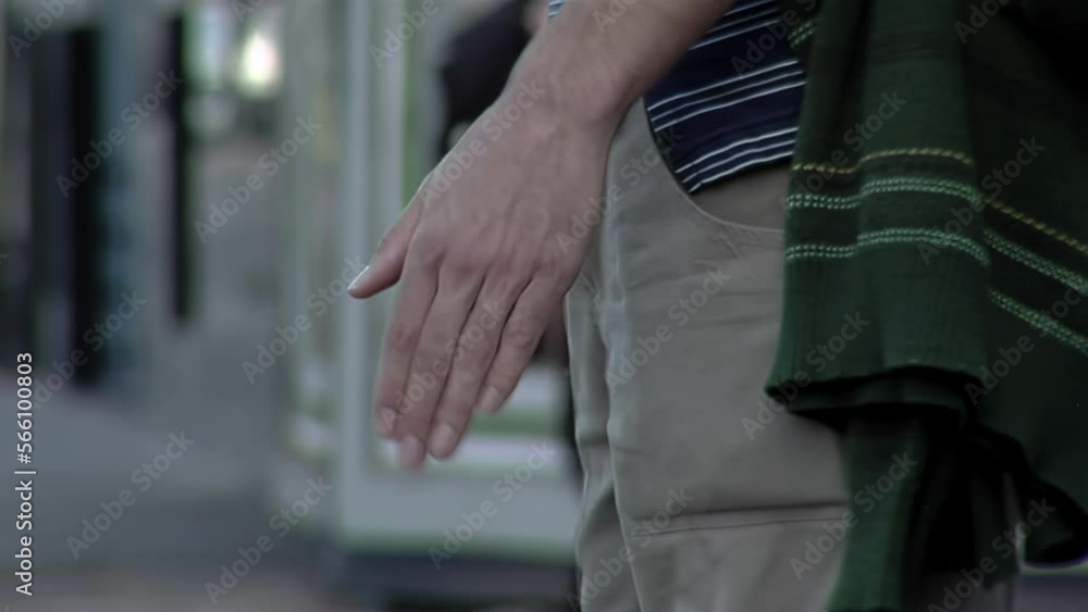Male Percussionist Playing With His Hands While Waiting for Crossing the Street. Close Up. Male Percussionist Playing With His Hands While Waiting for Crossing the Street. Close Up.