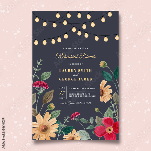 rehearsal dinner invitation with string light and floral garden watercolor