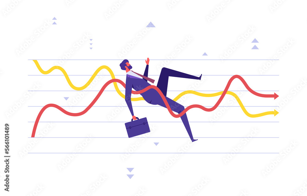 Financial investment volatility, uncertainty or change in business and stock market concept, businessman investor fall on uncertainty, volatile up and down arrow profit graph - obrazy, fototapety, plakaty 