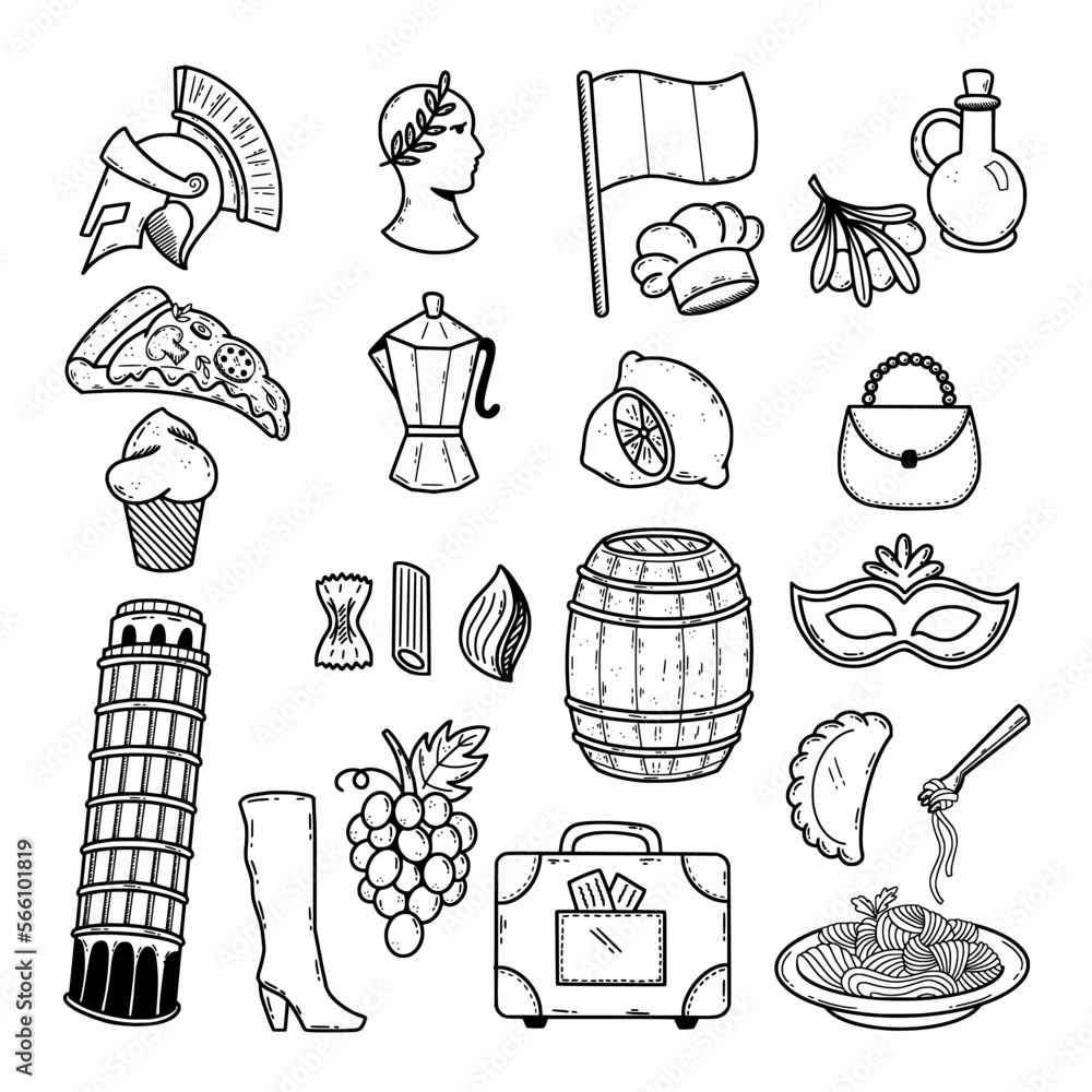 Italy. Vector doodle illustration. Set of black and white icons. Travel