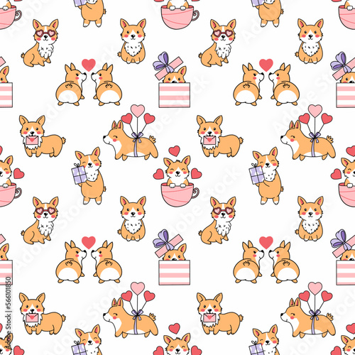 Fototapeta Naklejka Na Ścianę i Meble -  Cute corgi. Seamless pattern. Printing on fabric and wrapping paper. Wallpaper for nursery. Valentine's day.