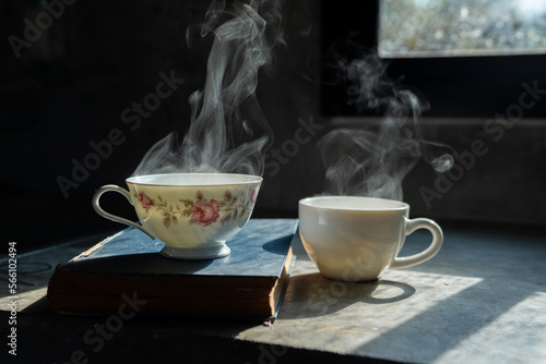 Tea hot drink on old background in composition on the table