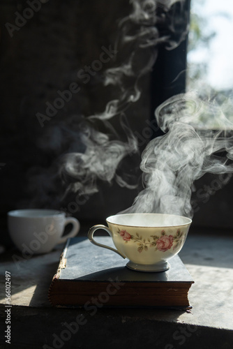 Tea hot drink on old background in composition on the table