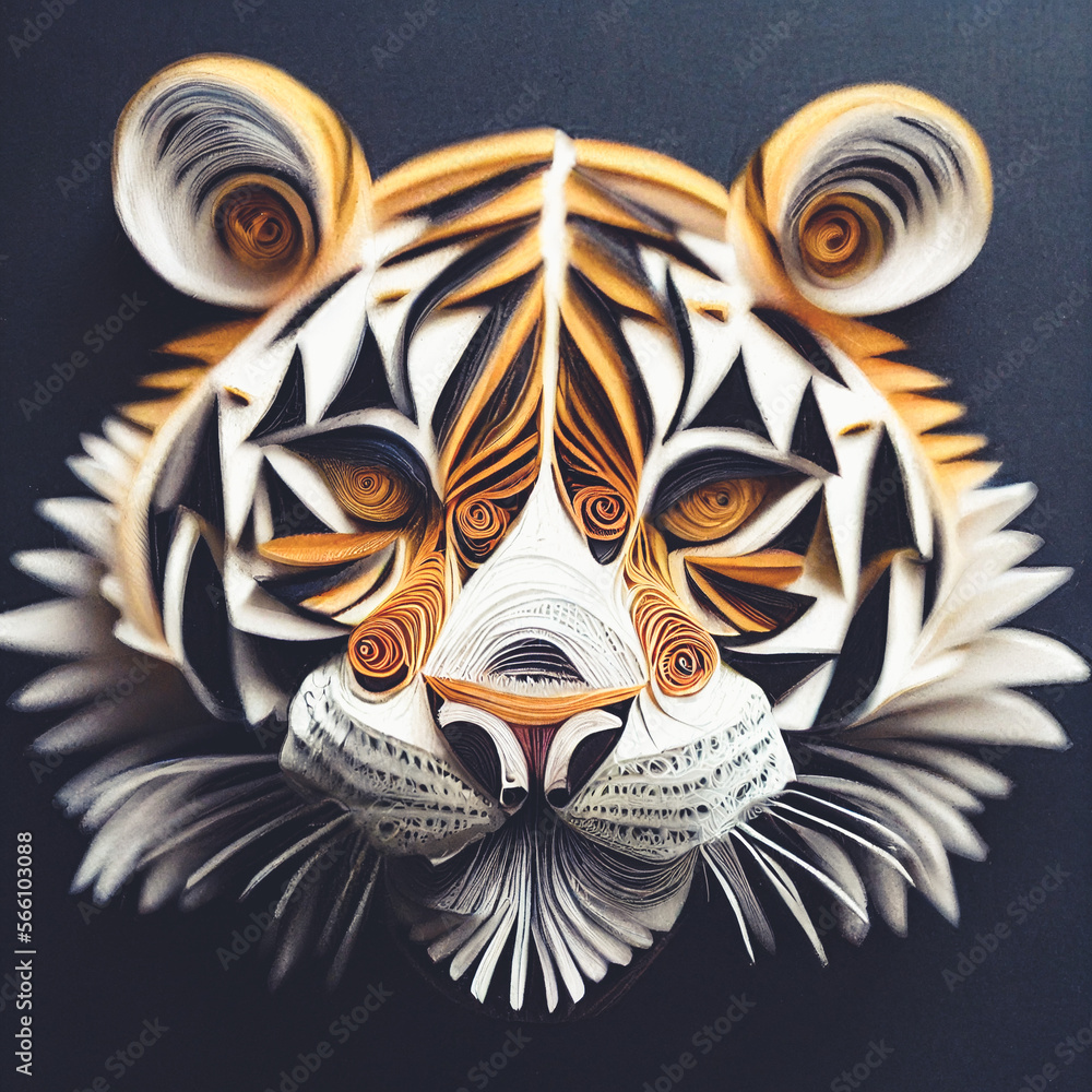 Splendid paper quilling tiger in digital art generative AI. Realistic