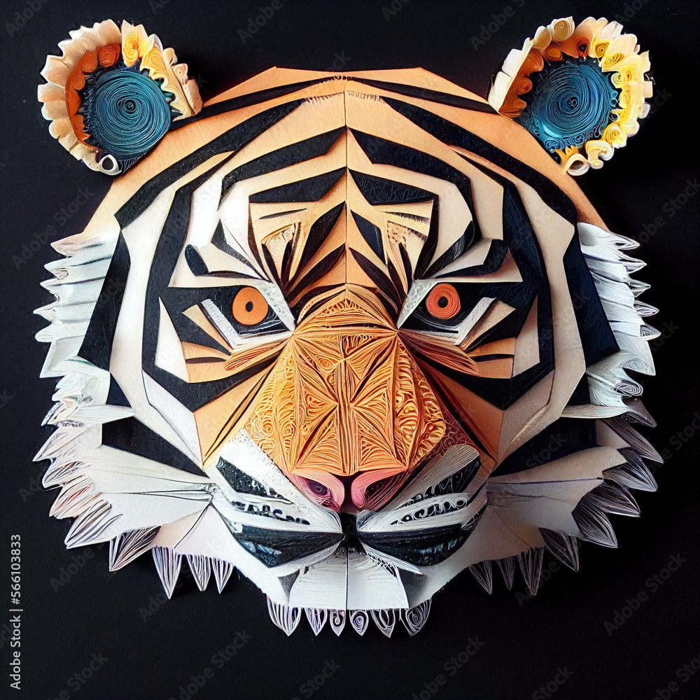 Splendid paper quilling tiger in digital art generative AI. Realistic