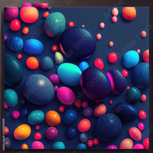 Colorful marbles and pebbles on a navy blue background