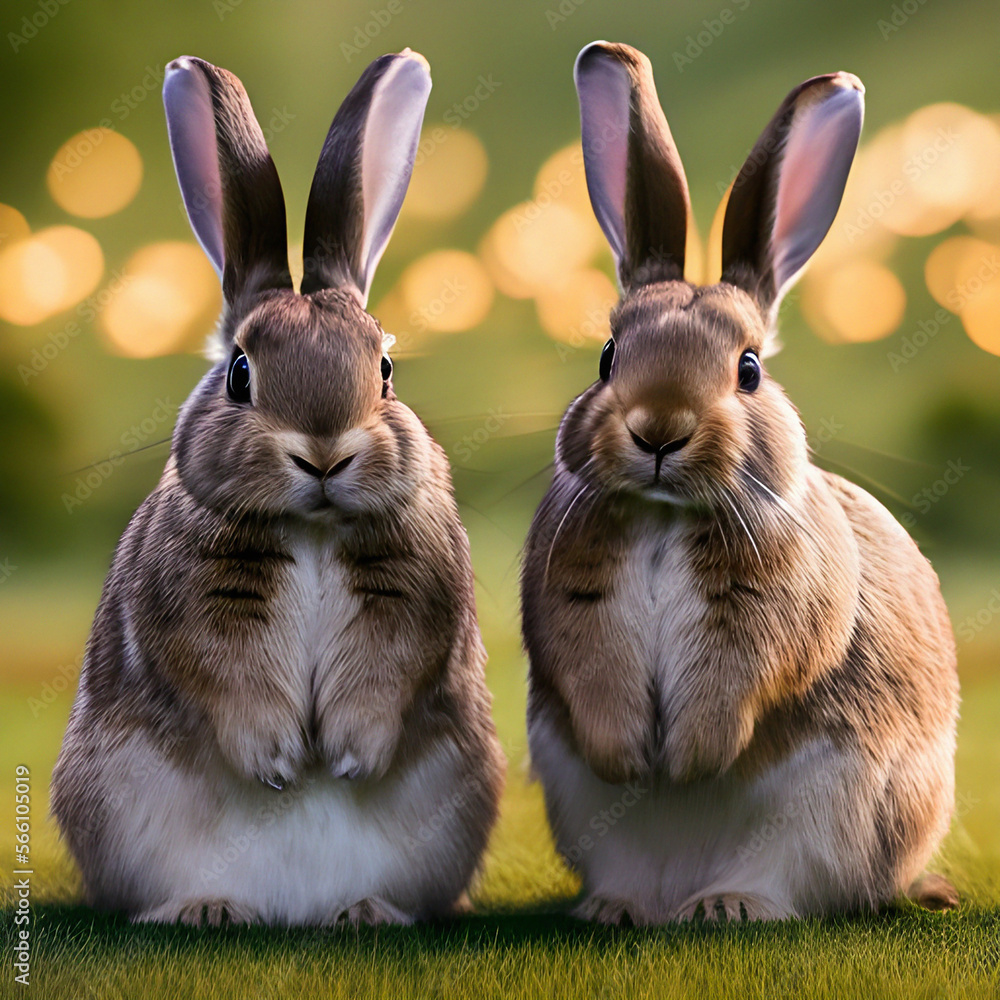 Two rabbits on green grass at a wedding.Generative AI.