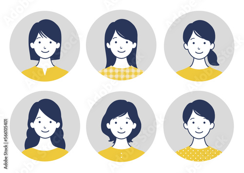 笑顔の女性のアバターアイコンイラストセット 黄色　