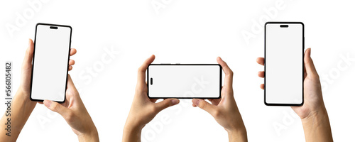 Woman hand holding the black smartphone with mock up blank screen and modern frame, Set of different angles and positions, isolated background