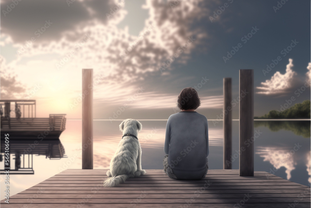 A Child and a Dog Sitting at the end of a Dock Watching the Sunset or Sunrise over Calm Waters ~ Created Using Generative AI A Child and a Dog Sitting at the end of a Dock Watching the Sunset or Sunrise over Calm Waters ~ Created Using Generative AI