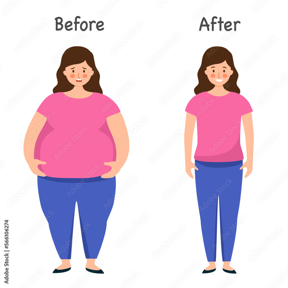 Woman fat and slim body after weight loss in flat design on white background.