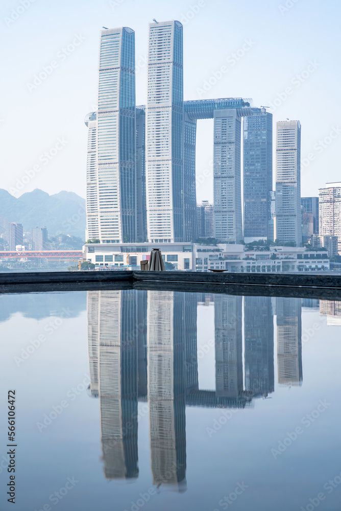 Mirror scenery of Jiangchaotianmen building in Chongqing, China