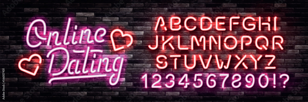 Vector realistic isolated neon sign of Online Dating logo with easy to change color alphabet on the wall background.